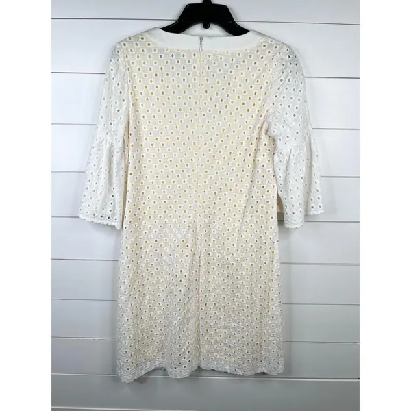Trina Turk White Eyelet Bell Sleeve A-Line Dress Size 8 Yellow Lining Cotton - Image 3