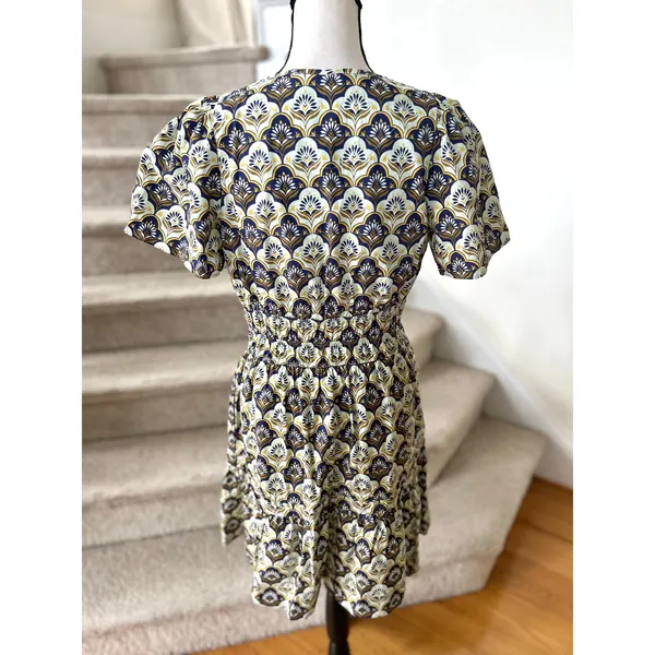 Anthropologie Milkmaid Puff Sleeve Navy Cream Yellow Mosaic Block Print Dress - Image 4
