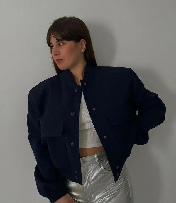 ZARA Casual Bomber Jacket Coat Navy Blue Cropped Blogger - Image 5