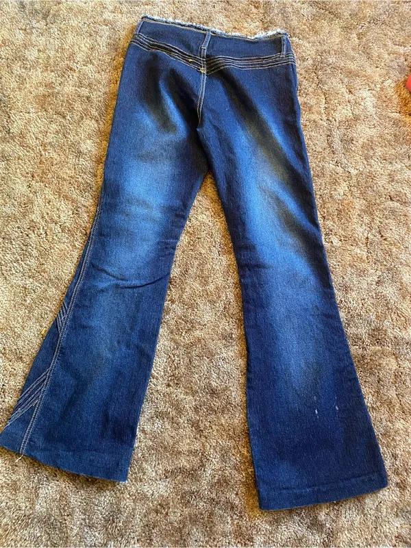 Y2K R4R Women’s Dark Blue Flare Jeans with Cross-Stitch Diamond Detail - Image 5