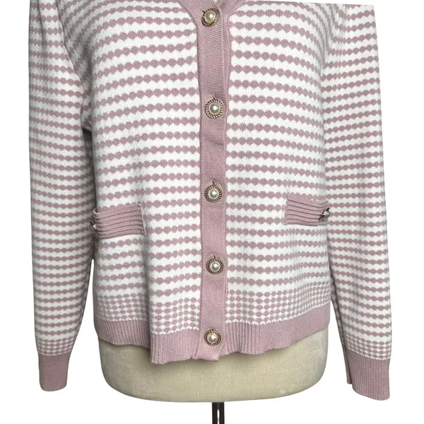 Adrianna Papell Mauve Ivory Pearl Button Striped Knit Preppy Cardigan Sweater - Image 4