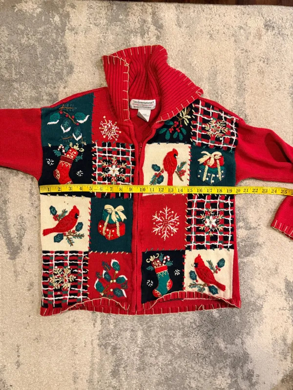 Tiara International Red Holiday Zip-Up Patchwork Sweater - Image 5
