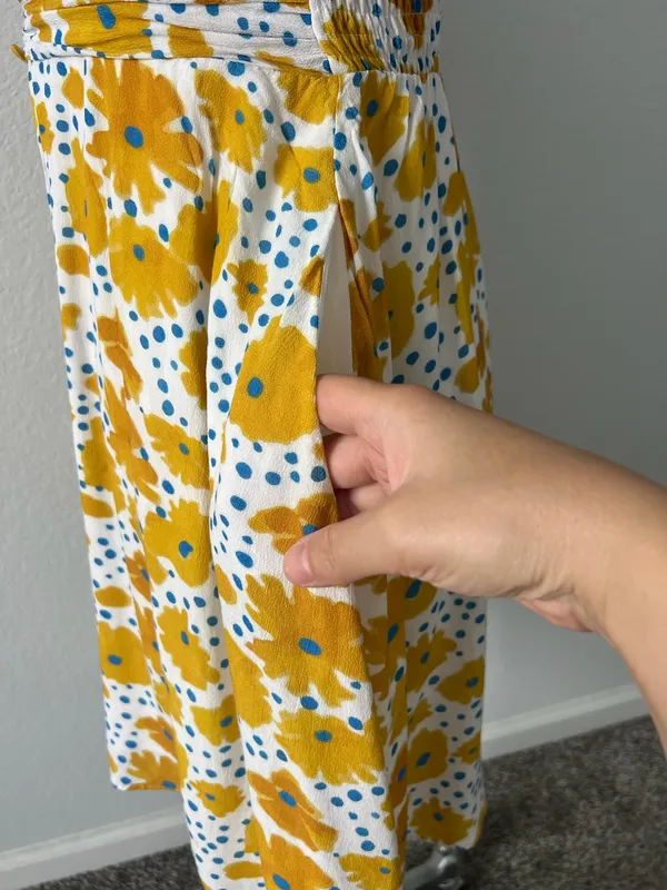 Vera for Anthropologie Sz XS Buttercup Mini Dress Floral Yellow Blue Buttons - Image 10