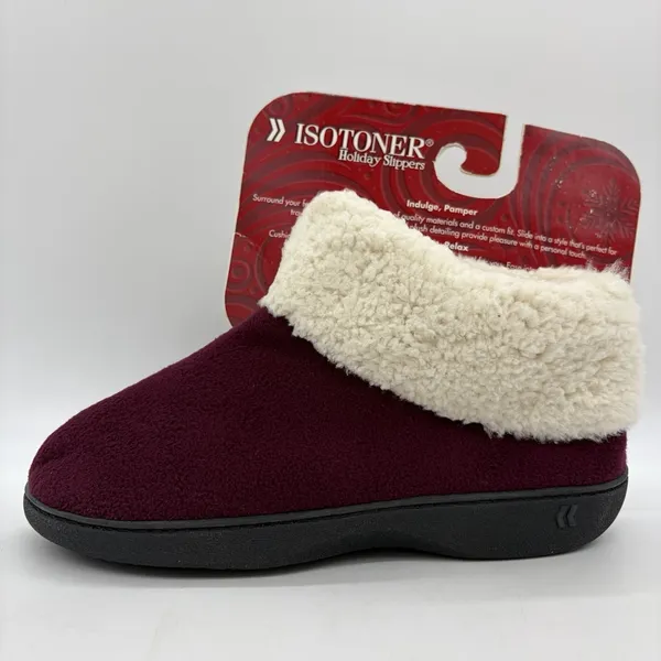 NEW Isotoner Womens 7.5-8 Holiday Slippers‎ Burgundy Hard Sole Cushioned Sherpa - Image 3