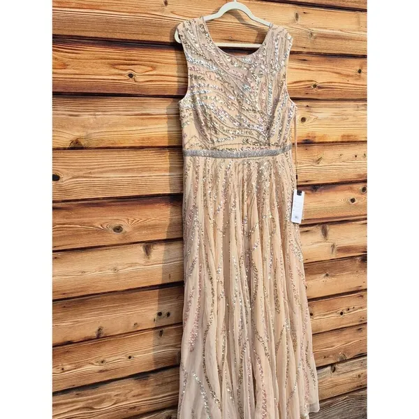 Mac Duggal 5445 Size 14 Beige Beaded Sequined Embellished Long Maxi Gown Dress - Image 7