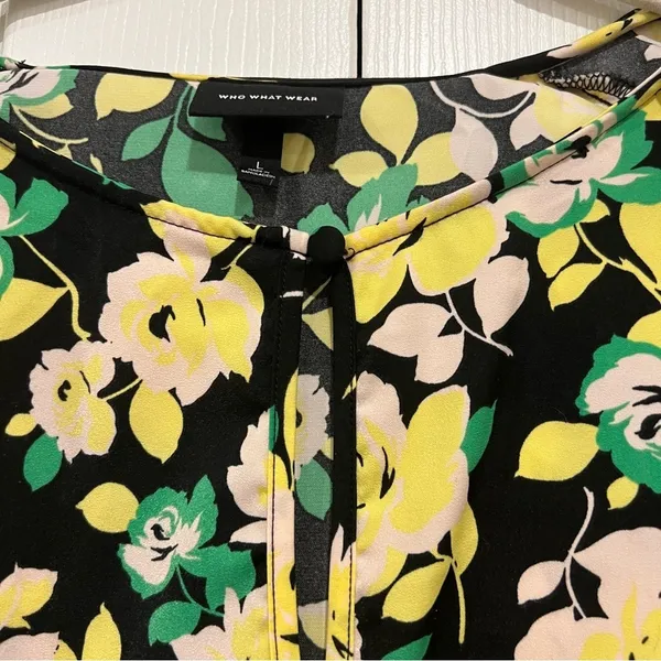WHO WHAT WEAR Balloon Long Sleeve Keyhole Top‎ Black Green Floral Womens Large - Image 4