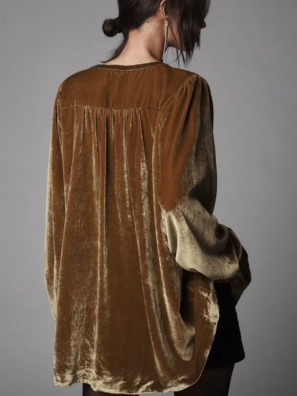 Anthropologie Golden Velvet V-Neck Peasant Blouse with detail small - Image 3