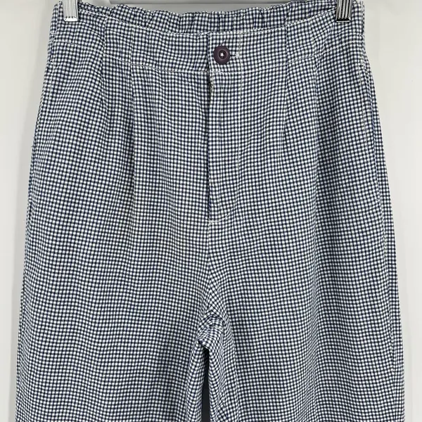 Free People Kate Gingham‎ Pants Navy White 100% Cotton Straight Leg Size Medium - Image 4