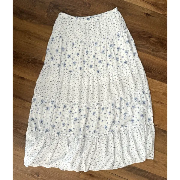Arula White & Blue Ditsy Floral Tiered Maxi Skirt OX XL Coquette Y2K - Image 2