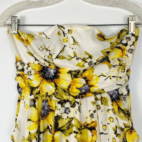 Forever 21 Flower Print Strapless Mini Dress Cream Yellow Sundress Womens L - Image 3