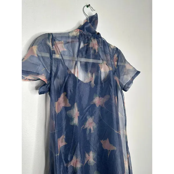 STAUD Botanical Navy Calluna Organza Mesh High Neckline Tie Back Gown size Small - Image 4