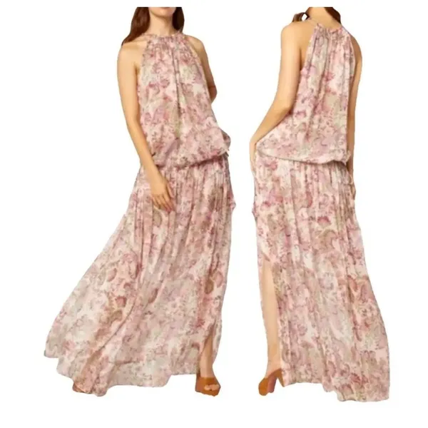 MISA Floral Halter Maxi Dress Pink Green XS/S Boho Chiffon flowy romantic whimsi - Image 3
