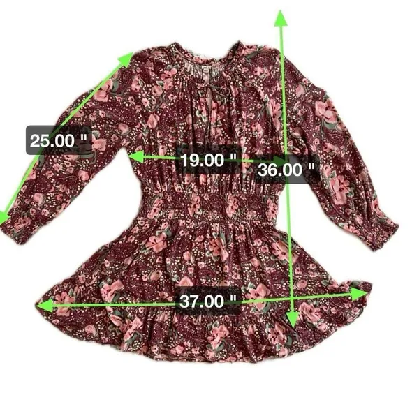 Aerie burgundy floral mini dress, gathered waist & cuffs, size L - Image 7