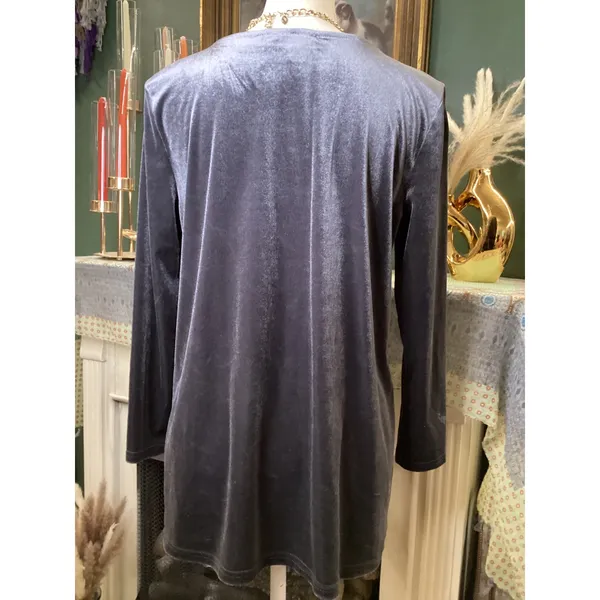 Entro Gray Velvet Embroidered Floral Long Sleeve Tunic‎ Blouse T8456 Womens M - Image 3