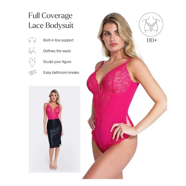 NWT Popilush Hot Pink Lace Deep V Sleeveless Shapewear Bodysuit Large - Image 2
