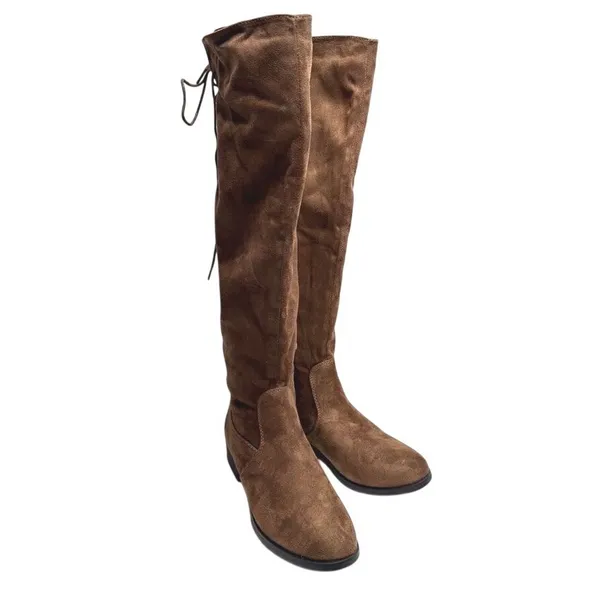 French Connection Brown Vegan Suede Lace Up Over The Knee Boots Low Heel Size 6 - Image 4