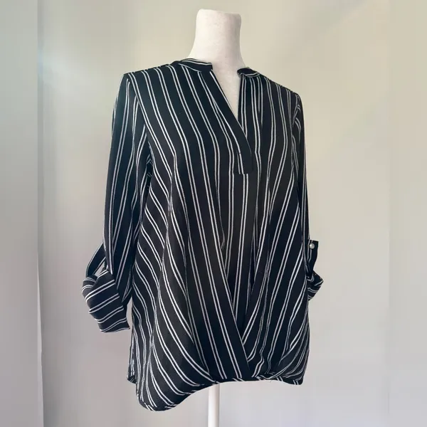 Lynn Ryan Black & White Striped Roll Tab Blouse - Image 4