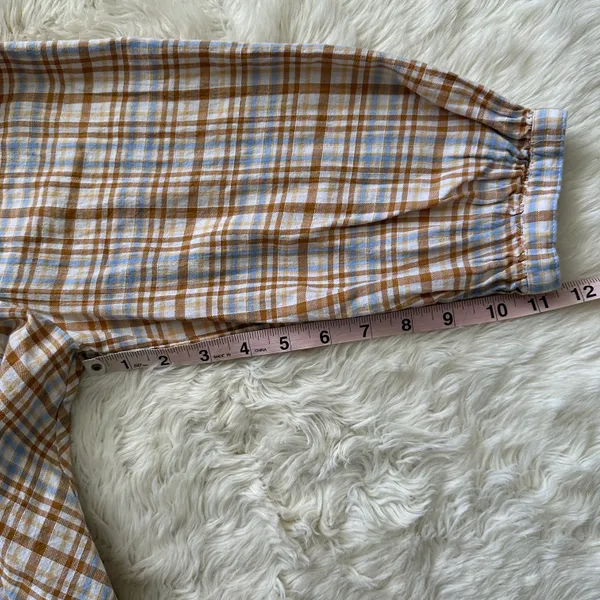 Free People Top Button Back Puff Sleeve Plaid Tan Blue S - Image 10