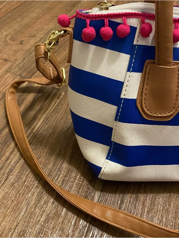 Luv Betsey Johnson Nautical Mini Tote Bag Purse Blue White Stripes Pink Pom 7x10 - Image 3