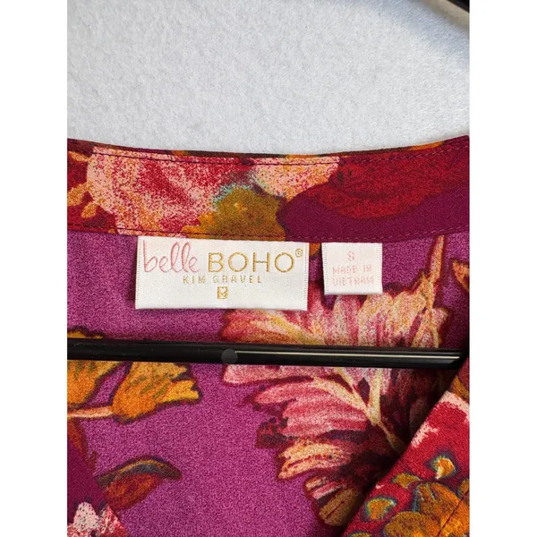 Belle Boho Kim Gravel Burgundy Floral V-Neck Blouse Long Sleeve S - Image 4