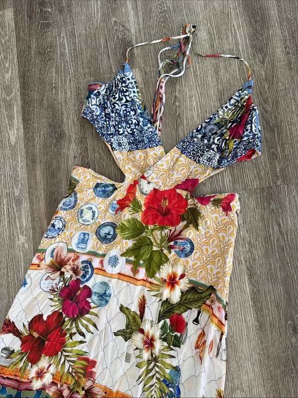 Farm Rio tropical patchwork boho festival halter maxi dress Small - Image 4