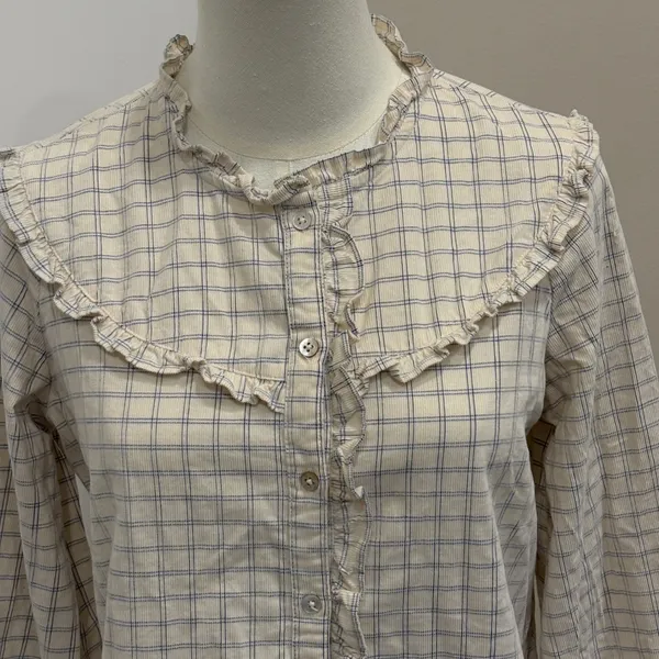 Fat Face Corduroy Ruffle Bib‎ Blouse Cream Blue Windowpane Plaid Size 4 Cottage - Image 3