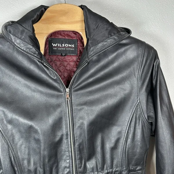 Wilsons‎ Leather Black Long Full-Zip Hooded Jacket Womens Size Large Cinch Waist - Image 2