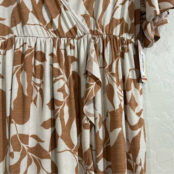SPLA Tan White Leaf Print Faux Wrap Midi Dress Ruffle Tropical Summer Large NWT - Image 3