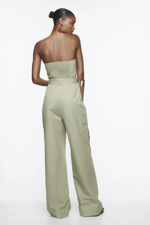 ZARA jumpsuit technical fabric cargo sleeveless wide streight leg light khaki - Image 6