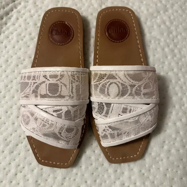 Chloé White Lace Slide Sandals - Image 2