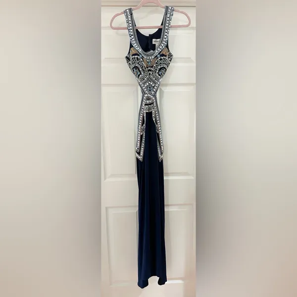 Sherri Hill 50297 Beaded Top Cutout Mermaid Formal Prom Gown Navy Blue Sz 4 - Image 6