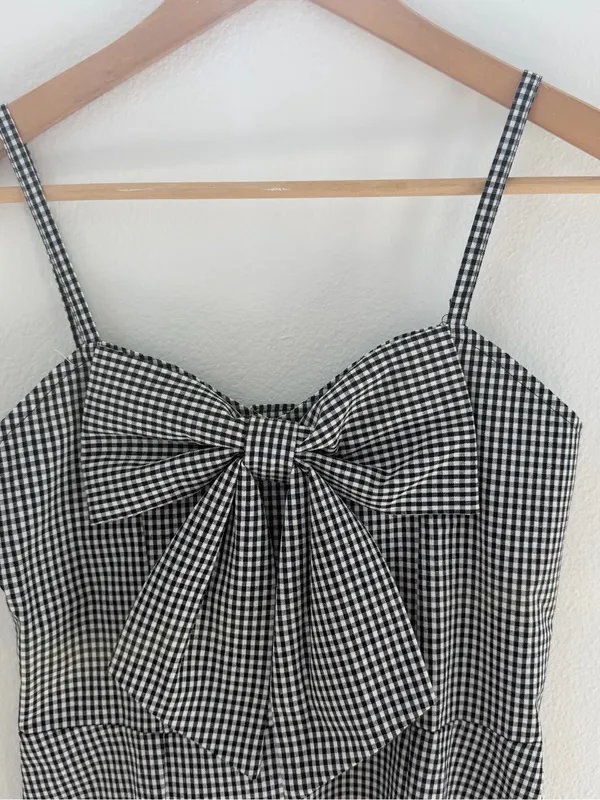 Japanese Gingham Bow Front Midi Dress Black White Size M - Image 3