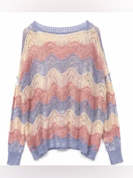 Entro Women’s Small Oversized Pastel Chevron Open Knit Sweater Pink Blue Cream - Image 2