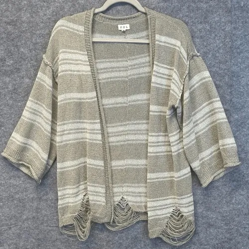 POL Sweater Women's Small Gray White Striped Knit Cardigan Frayed‎ Open Front - Image 2
