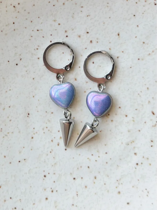 Handmade Czech glass heart & spike dangle earrings💜🩵💙 - Image 5