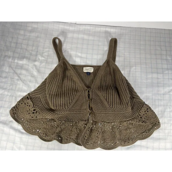Universal Thread XL Brown Crochet Knit Peplum Tank Top Button Front Boho Cottage - Image 3