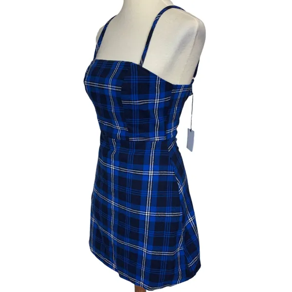 Revolve Blue Plaid Mini Slip Dress XS Grunge Dark Academia 90s Preppy $64 NEW - Image 3