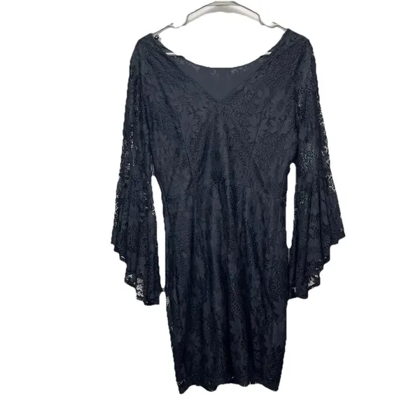 NWT‎ Lulus Allure 'Em In Black Lace Flounce Bell Sleeve Sheath Dress LARGE - Image 5