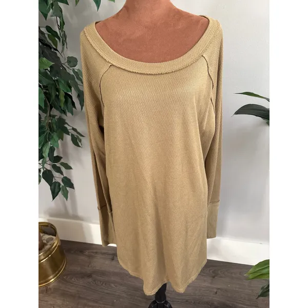 Free‎ People Tan Waffle Knit Long Sleeve Thermal Shirt Top Women's Large - Image 2