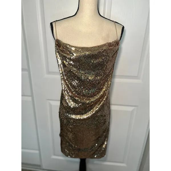 NWT ASOS Sequin Cowl Neck Slip Mini Dress Gold‎ Party Strappy Open Back Size 12 - Image 2