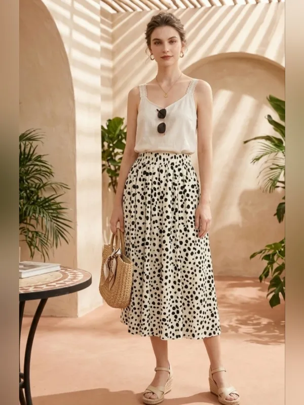 Dalmatian Polka Dot Pleated Midi Skirt – Size XS – Bohemian Style: Summer. - Image 2
