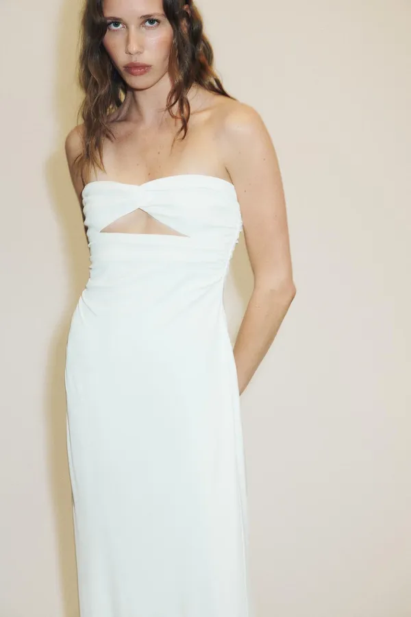 Zara Elegant White Strapless Ruched Evening Gown Dress - Image 9