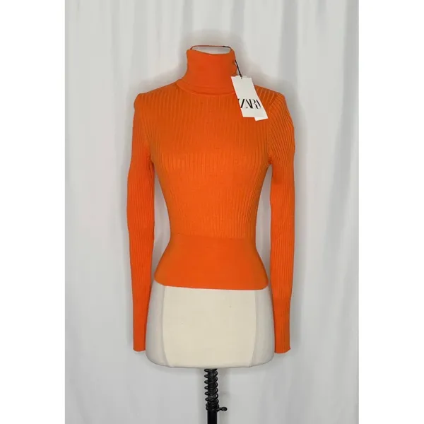NWT!! ZARA Ribbed Turtleneck Sweater Bright Orange Fitted Knit Cropped Small - Image 2