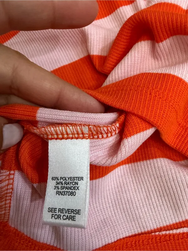 CATO Ribbed Striped Heart Neck Top Size L Pink Orange Puff Sleeve Stretch Knit - Image 8
