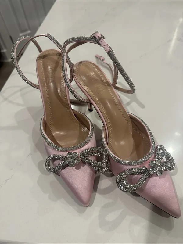 SHEIN Arqa Women's Rhinestone Bow‎ Heels Ankle Strap Slingback Pumps Satin Pink - Image 6