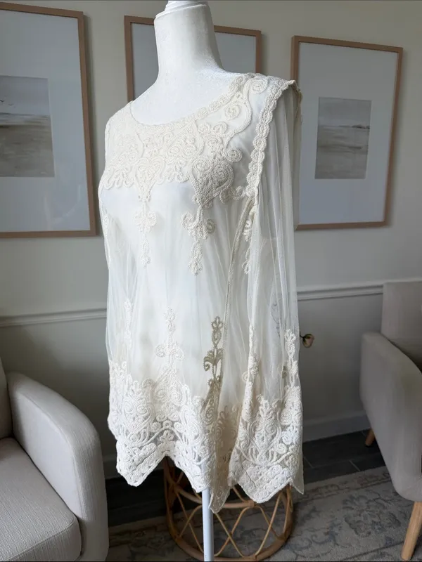 Rock & Roll Cowgirl Romantic Ivory Embroidered Lace Boho Tunic Western Top S - Image 4