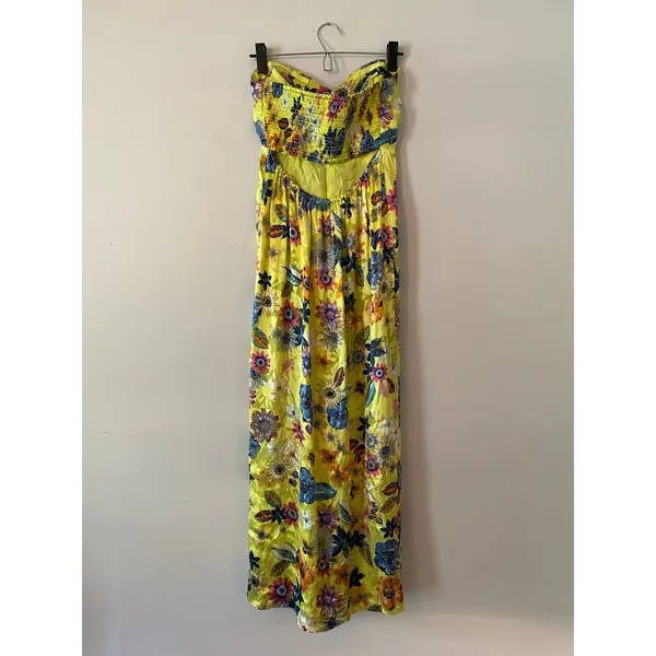 Anthropologie Strapless Midi Dress Floral Silk Blend Yellow Wedding Guest Small - Image 7