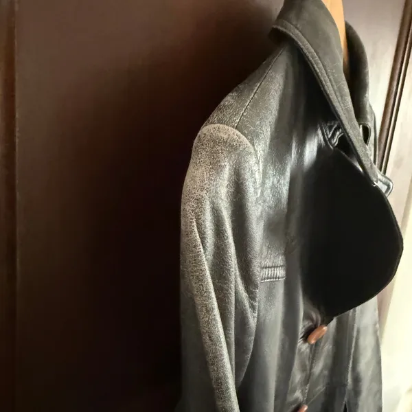80s Vintage Emotion Dark Gray Leather Trench Coat with Belt | Small Retro - Image 5