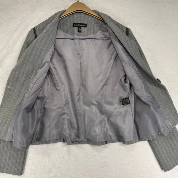 Jessica McClintock 8 Pinstripe Grey Blazer Black Trim Tailored Office Career Y2K - Image 2