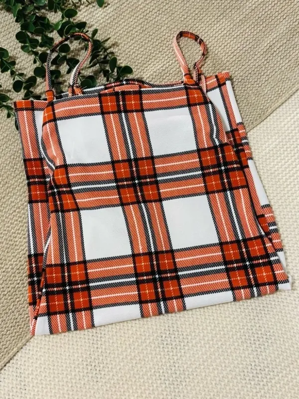 Almost Famous Orange & White Plaid Bodycon Slip Mini Dress - Size Small - Image 4